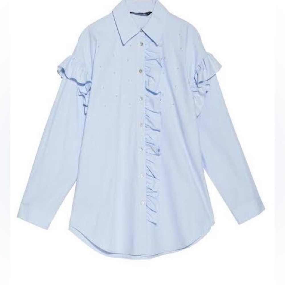 Zara Sky Blue Ruffle Button Up Blouse With Pearls